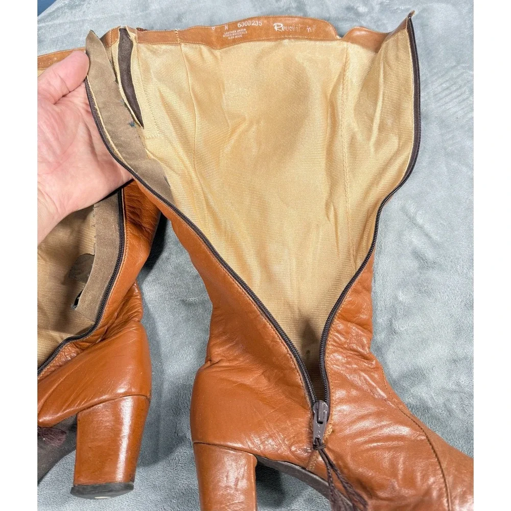 Vintage Revlations Boots Womens 8M Cognac Leather Knee High Zip 70s
